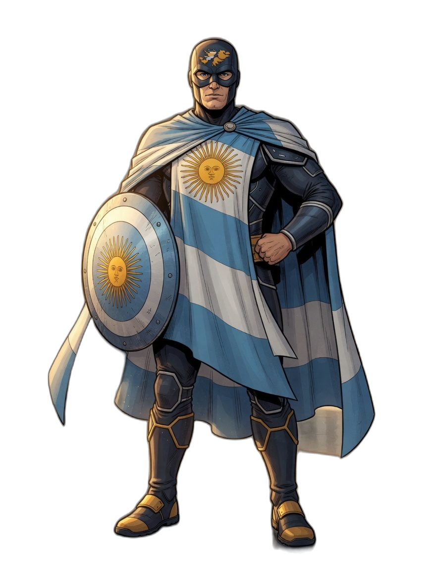 Ilustración de El Argentino en un pasillo vacío, de cuerpo entero, sin otras personas ni caras de chicos.