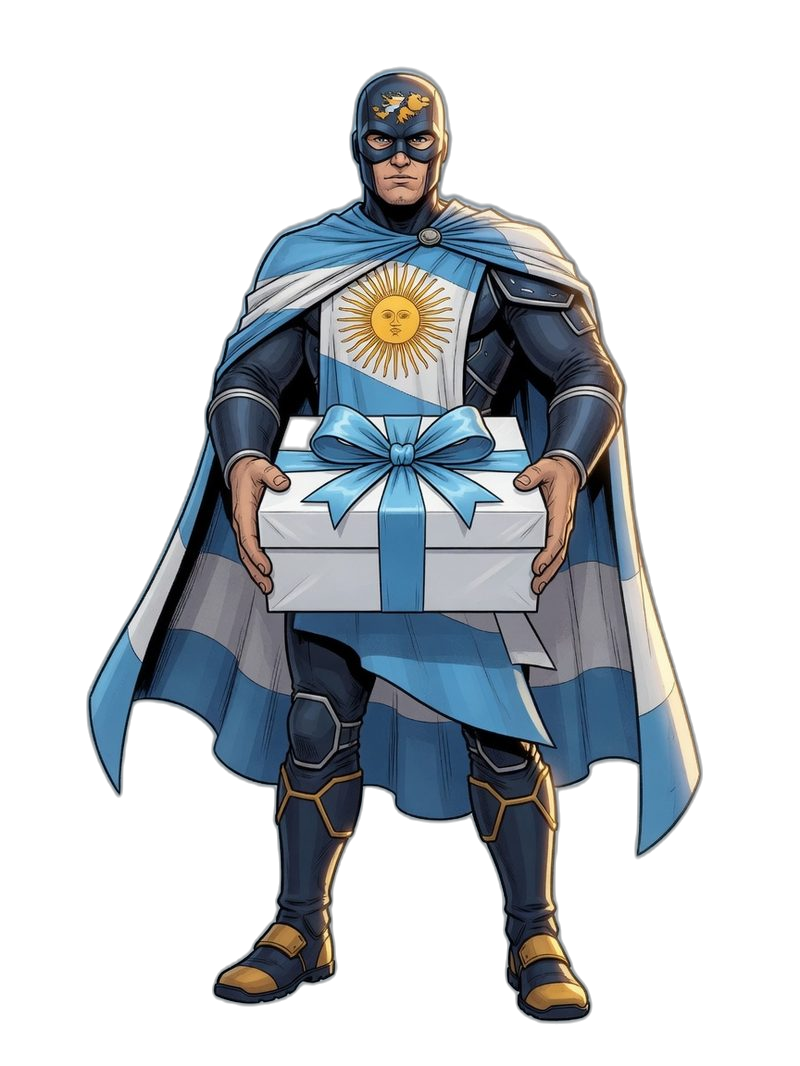 Ilustración de El Argentino sosteniendo un regalo, personaje solo, sin chicos en la imagen.
