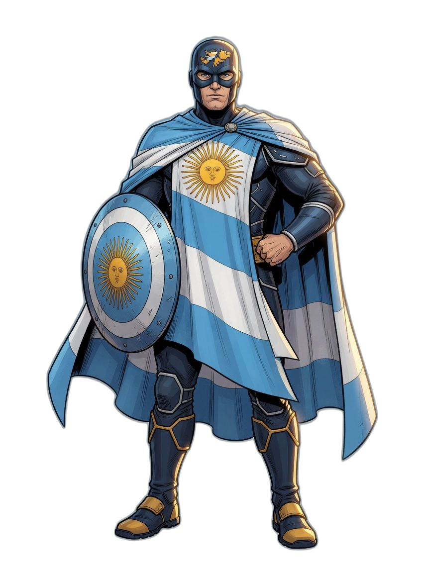 Ilustración de El Argentino de cuerpo entero: poncho con la bandera argentina, Sol de Mayo en el pecho y casco con las Islas Malvinas. No hay chicos en la imagen.